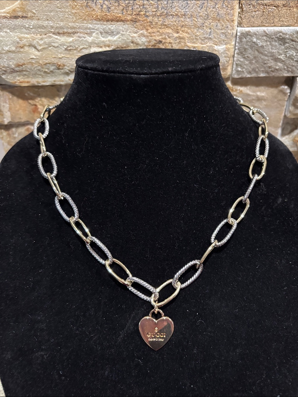 Gold and Silver Two-Tone GG Heart Pendant Chain Necklace